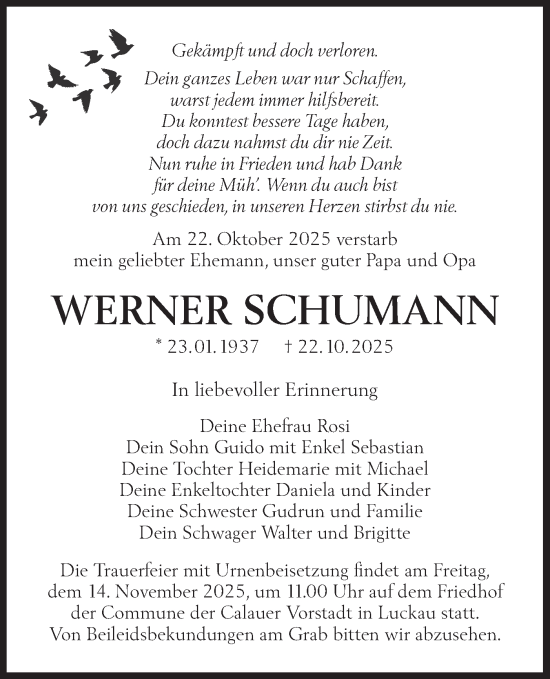 Traueranzeige von Werner Schumann von Lausitzer Rundschau