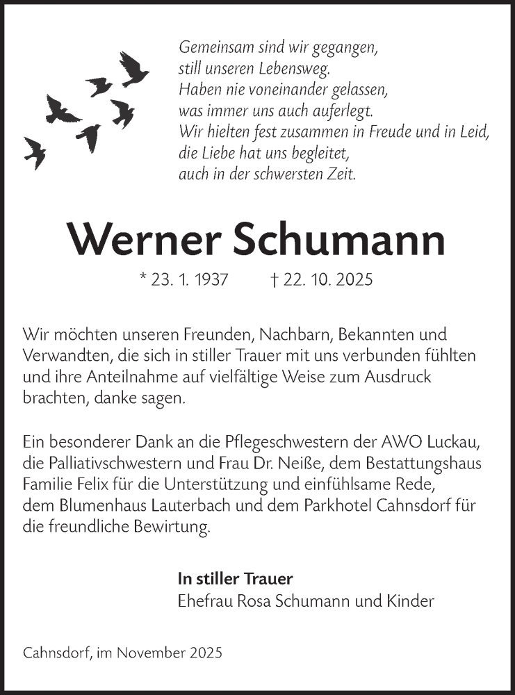  Traueranzeige für Werner Schumann vom 29.11.2025 aus Lausitzer Rundschau