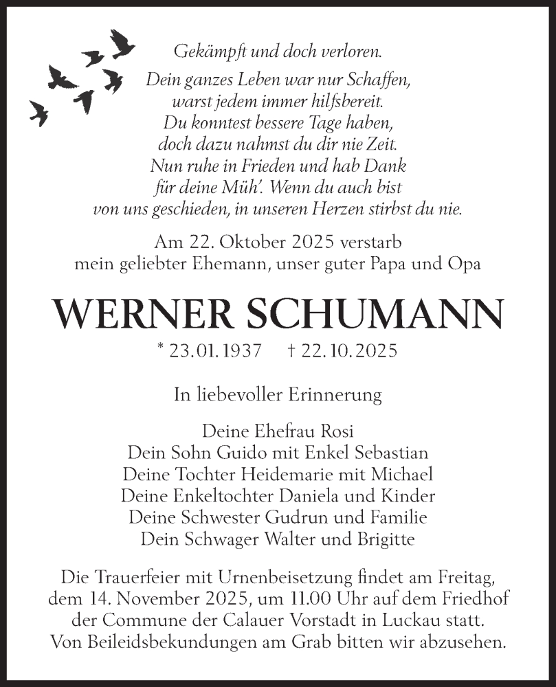  Traueranzeige für Werner Schumann vom 01.11.2025 aus Lausitzer Rundschau