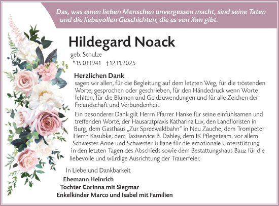 Traueranzeige von Hildegard Noack von Ausg. Spreewald Lausitzer Woche