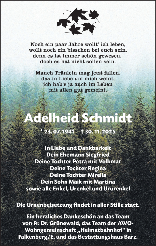  Traueranzeige für Adelheid Schmidt vom 13.12.2025 aus Lausitzer Rundschau