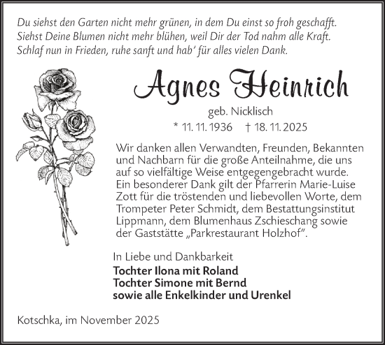 Traueranzeige von Agnes Heinrich von Lausitzer Rundschau
