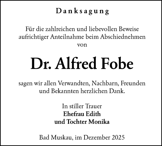 Traueranzeige von Alfred Fobe von Lausitzer Rundschau