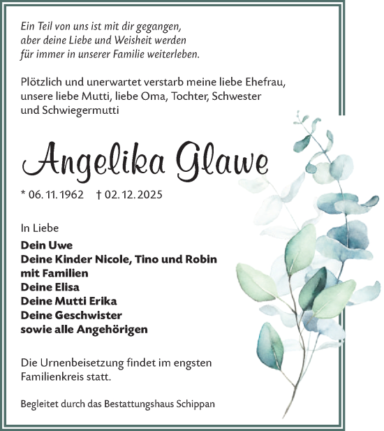 Traueranzeige von Angelika Glawe von Lausitzer Rundschau