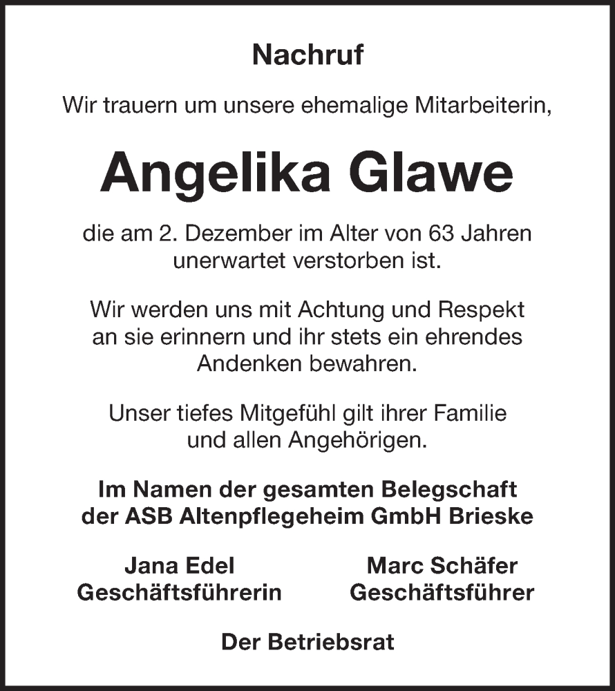  Traueranzeige für Angelika Glawe vom 27.12.2025 aus Lausitzer Rundschau