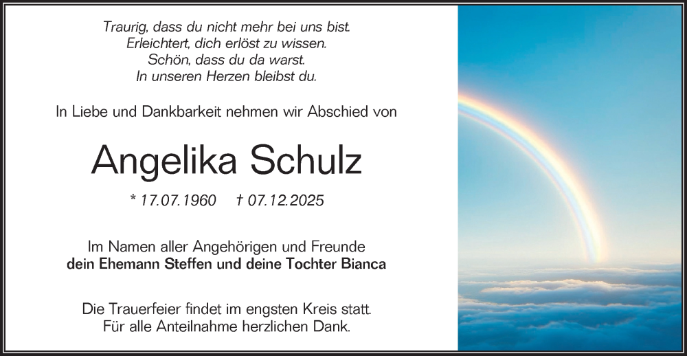  Traueranzeige für Angelika Schulz vom 20.12.2025 aus Lausitzer Rundschau