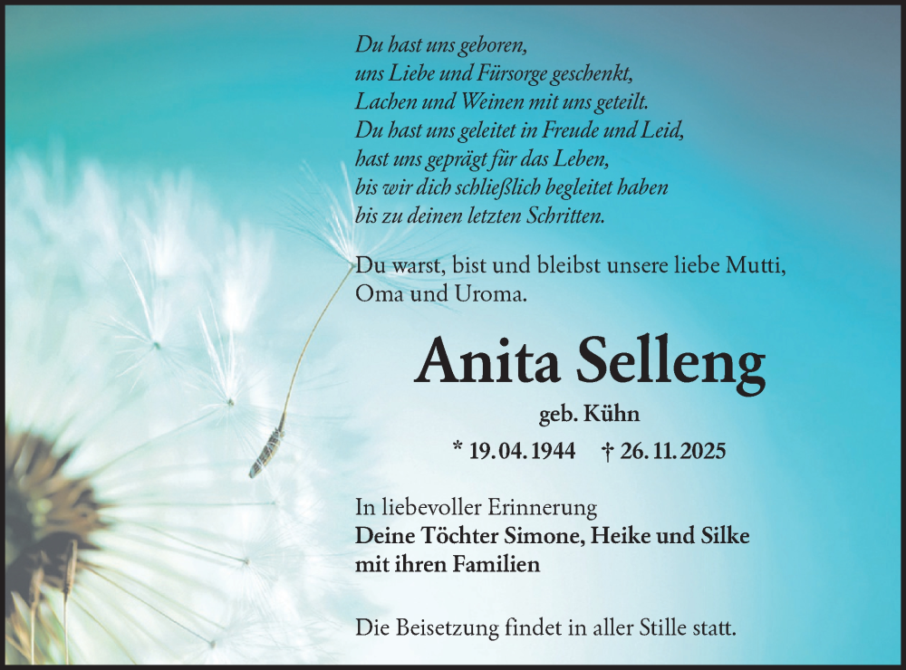  Traueranzeige für Anita Selleng vom 06.12.2025 aus Lausitzer Rundschau