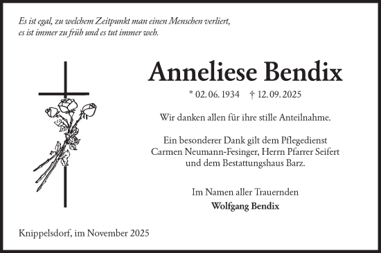 Traueranzeige von Anneliese Bendix von Lausitzer Rundschau
