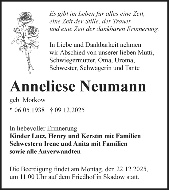 Traueranzeige von Anneliese Neumann von Lausitzer Rundschau