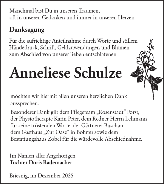 Traueranzeige von Anneliese Schulze von Lausitzer Rundschau
