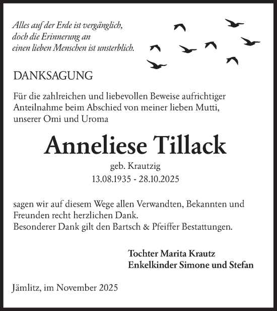 Traueranzeige von Anneliese Tillack von Lausitzer Rundschau