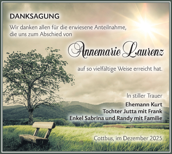 Traueranzeige von Annemarie Laurenz von Lausitzer Rundschau