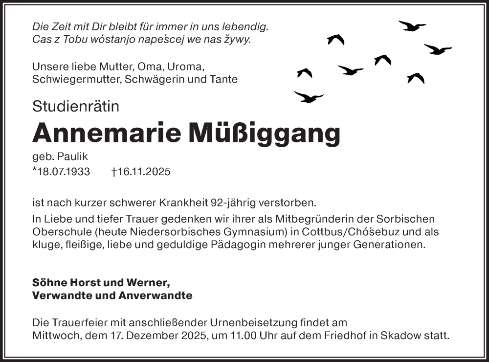  Traueranzeige für Annemarie Müßiggang vom 06.12.2025 aus Lausitzer Rundschau
