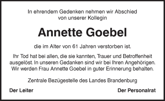Traueranzeige von Annette Goebel von Lausitzer Rundschau