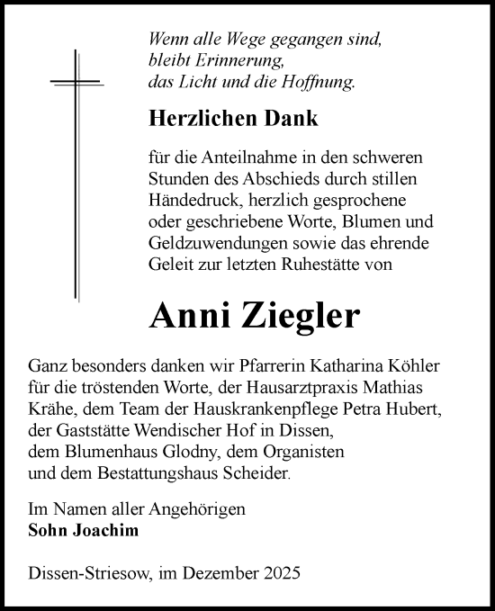 Traueranzeige von Anni Ziegler von Lausitzer Rundschau