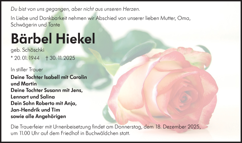  Traueranzeige für Bärbel Hiekel vom 06.12.2025 aus Lausitzer Rundschau