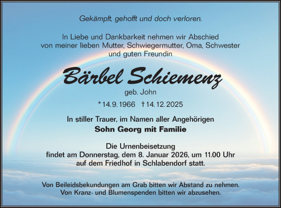 Traueranzeige von Bärbel Schiemenz von Ausg. LR Spreewald RS