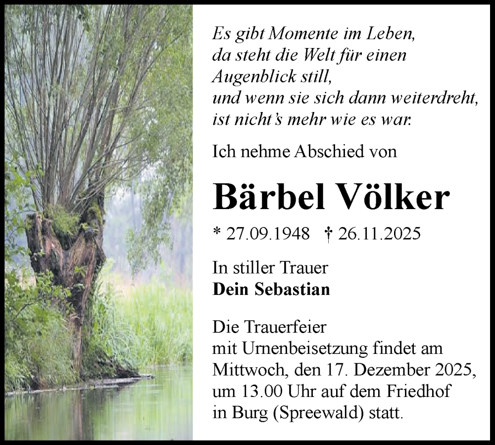  Traueranzeige für Bärbel Völker vom 13.12.2025 aus Lausitzer Rundschau