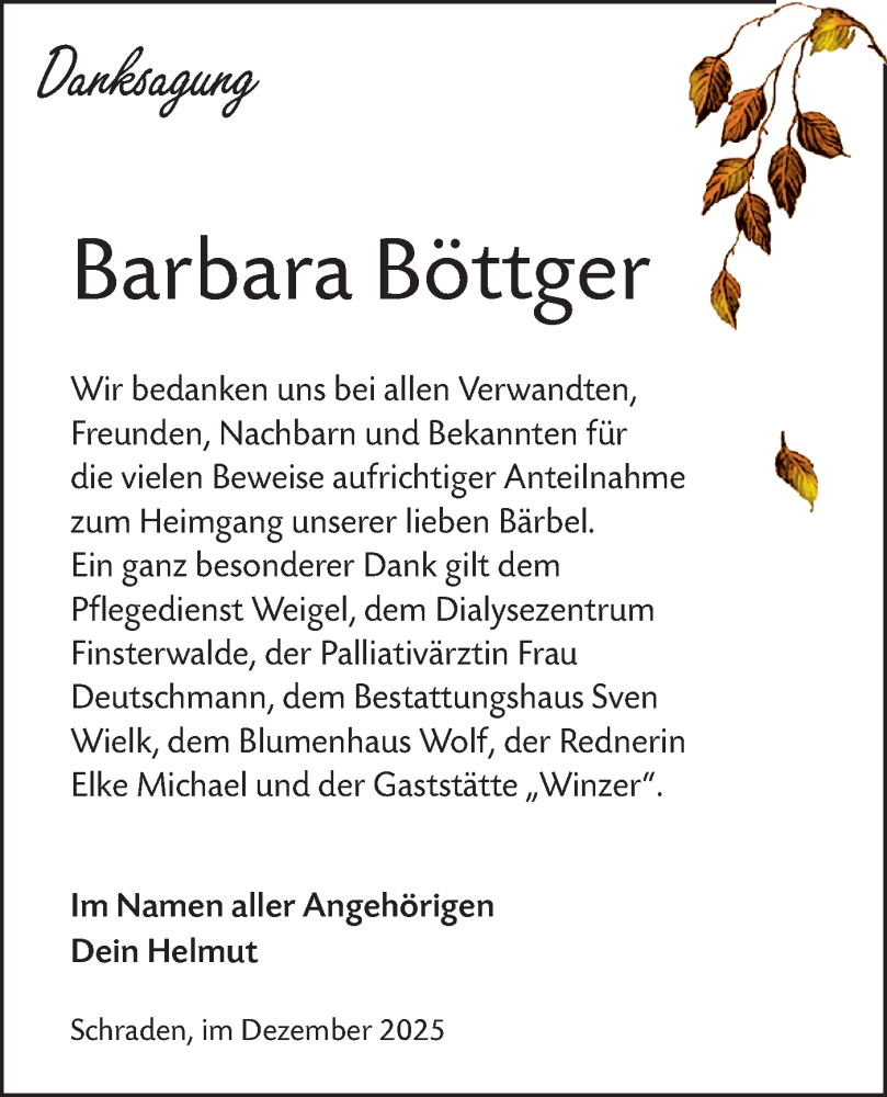 Traueranzeige für Barbara Böttger vom 20.12.2025 aus Lausitzer Rundschau