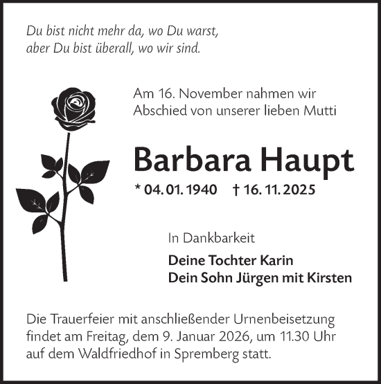 Traueranzeige von Barbara Haupt von Lausitzer Rundschau