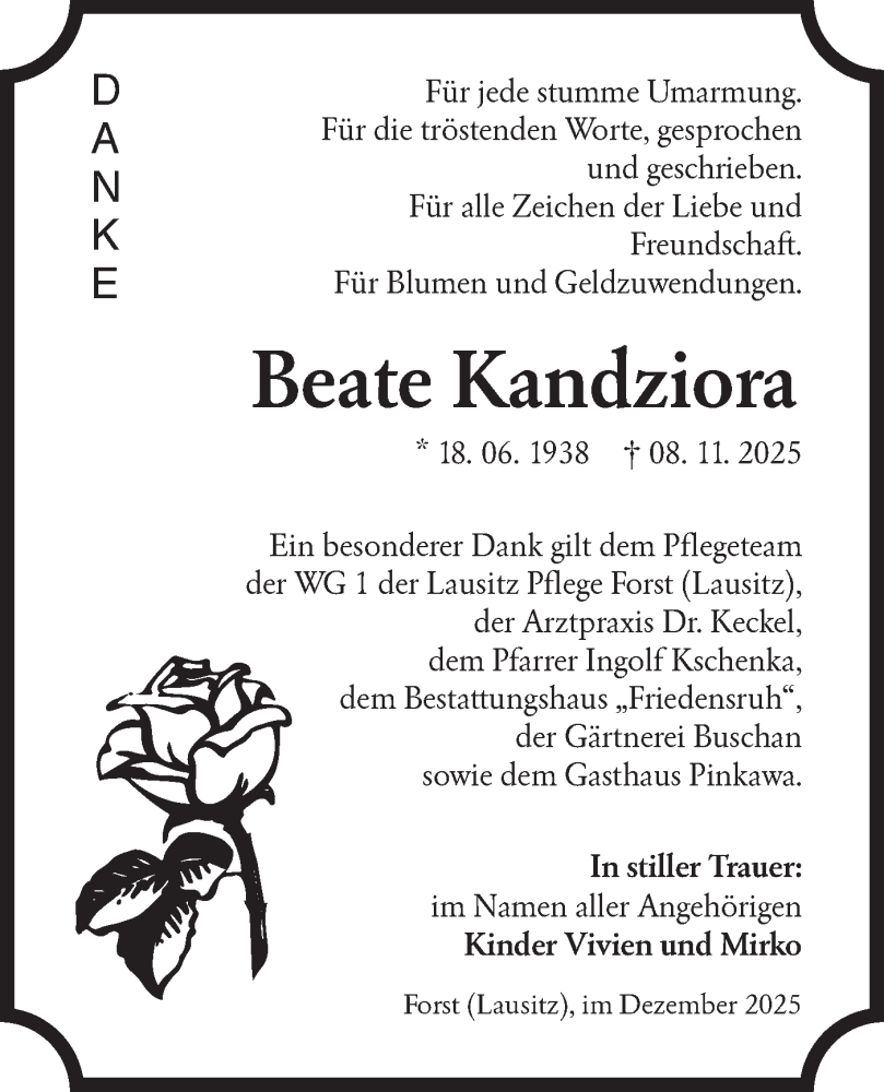  Traueranzeige für Beate Kandziora vom 20.12.2025 aus Lausitzer Rundschau
