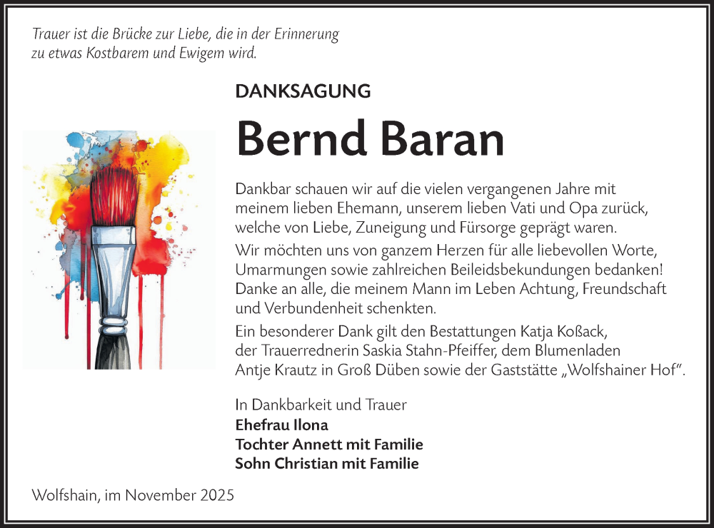  Traueranzeige für Bernd Baran vom 13.12.2025 aus Lausitzer Rundschau