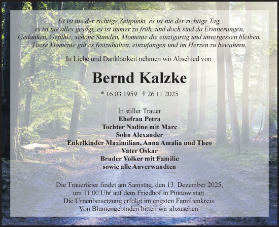 Traueranzeige von Bernd Kalzke von Lausitzer Rundschau