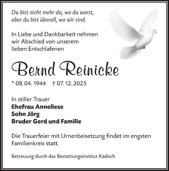 Traueranzeige von Bernd Reinicke von Lausitzer Rundschau