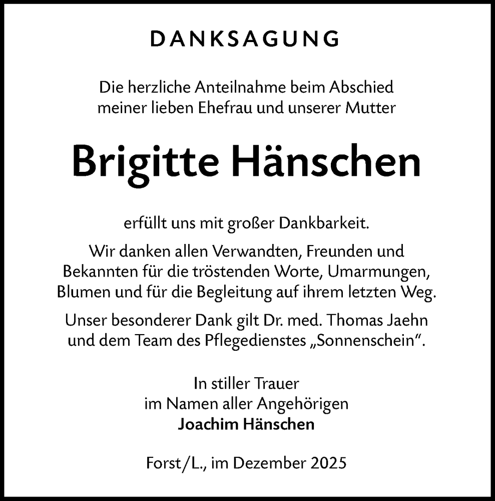  Traueranzeige für Brigitte Hänschen vom 20.12.2025 aus Lausitzer Rundschau