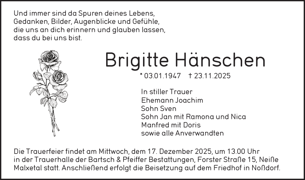  Traueranzeige für Brigitte Hänschen vom 13.12.2025 aus Lausitzer Rundschau