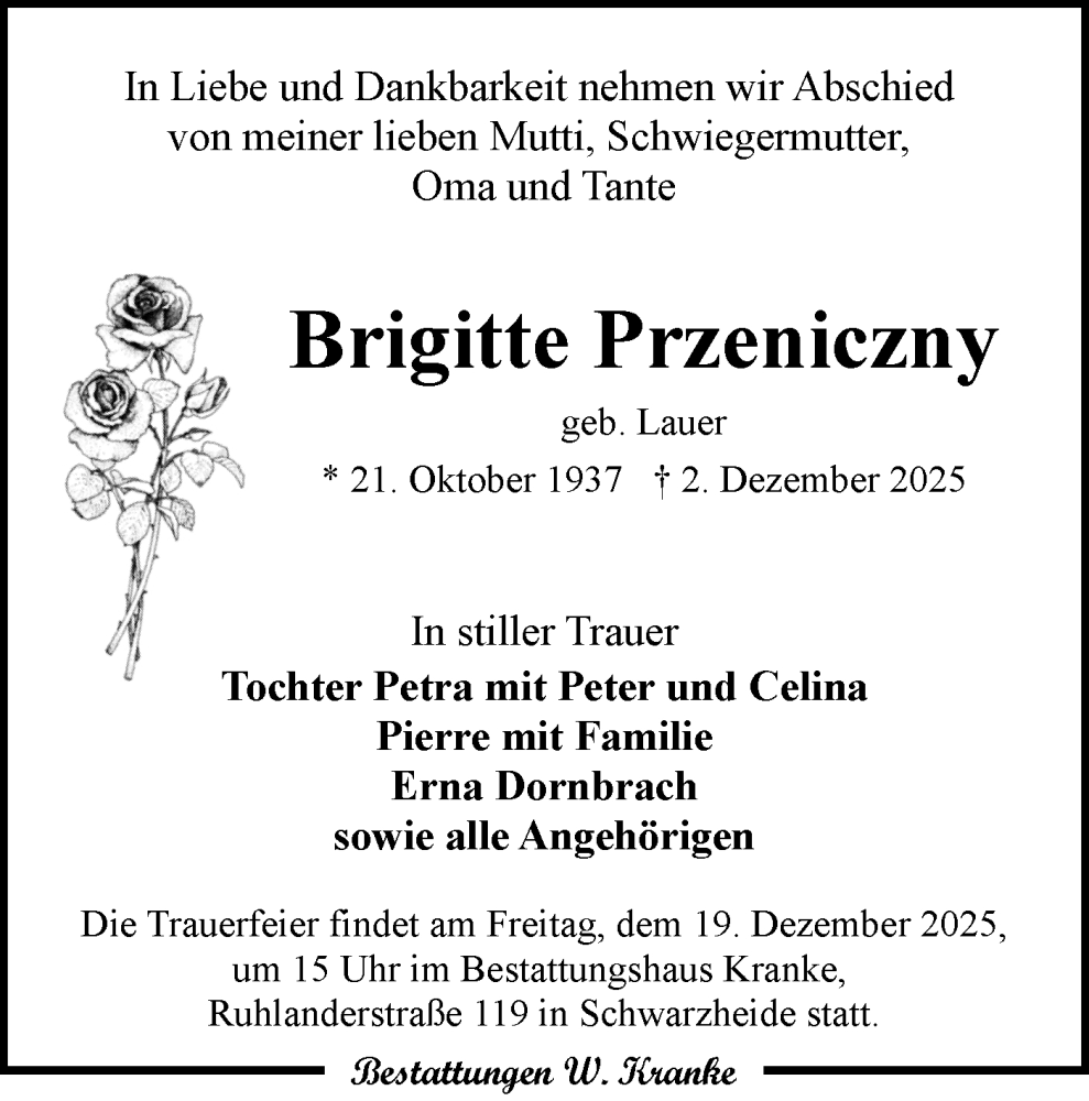  Traueranzeige für Brigitte Przeniczny vom 13.12.2025 aus Lausitzer Rundschau