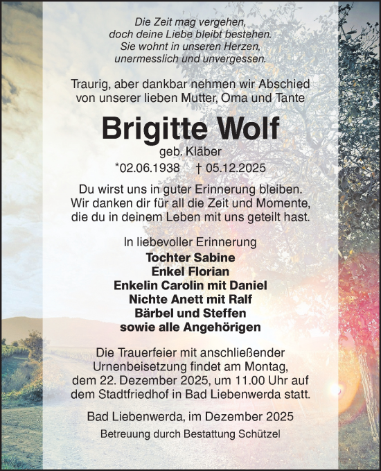 Traueranzeige von Brigitte Wolf von Lausitzer Rundschau