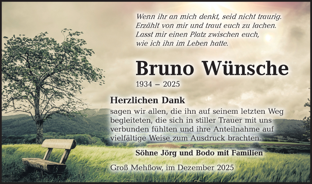  Traueranzeige für Bruno Wünsche vom 20.12.2025 aus Lausitzer Rundschau