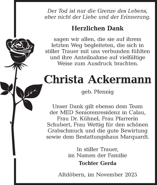Traueranzeige von Christa Ackermann von Lausitzer Rundschau