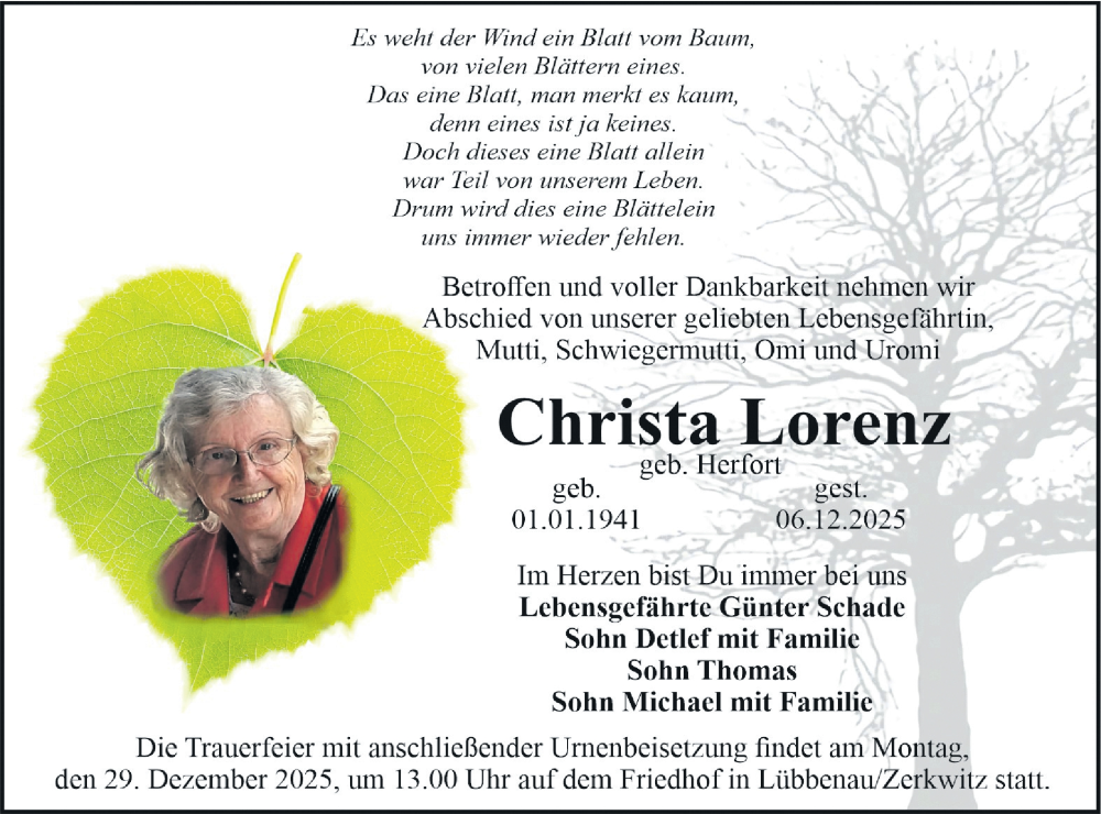  Traueranzeige für Christa Lorenz vom 20.12.2025 aus Lausitzer Rundschau