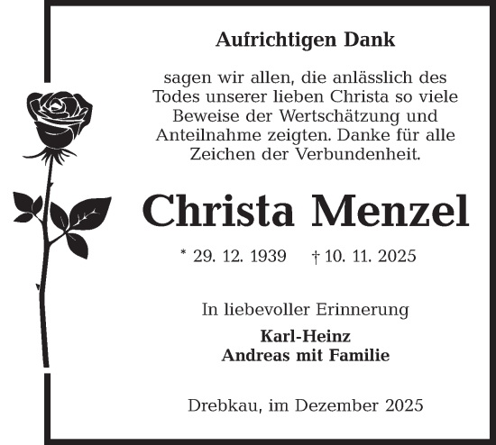 Traueranzeige von Christa Menzel von Lausitzer Rundschau