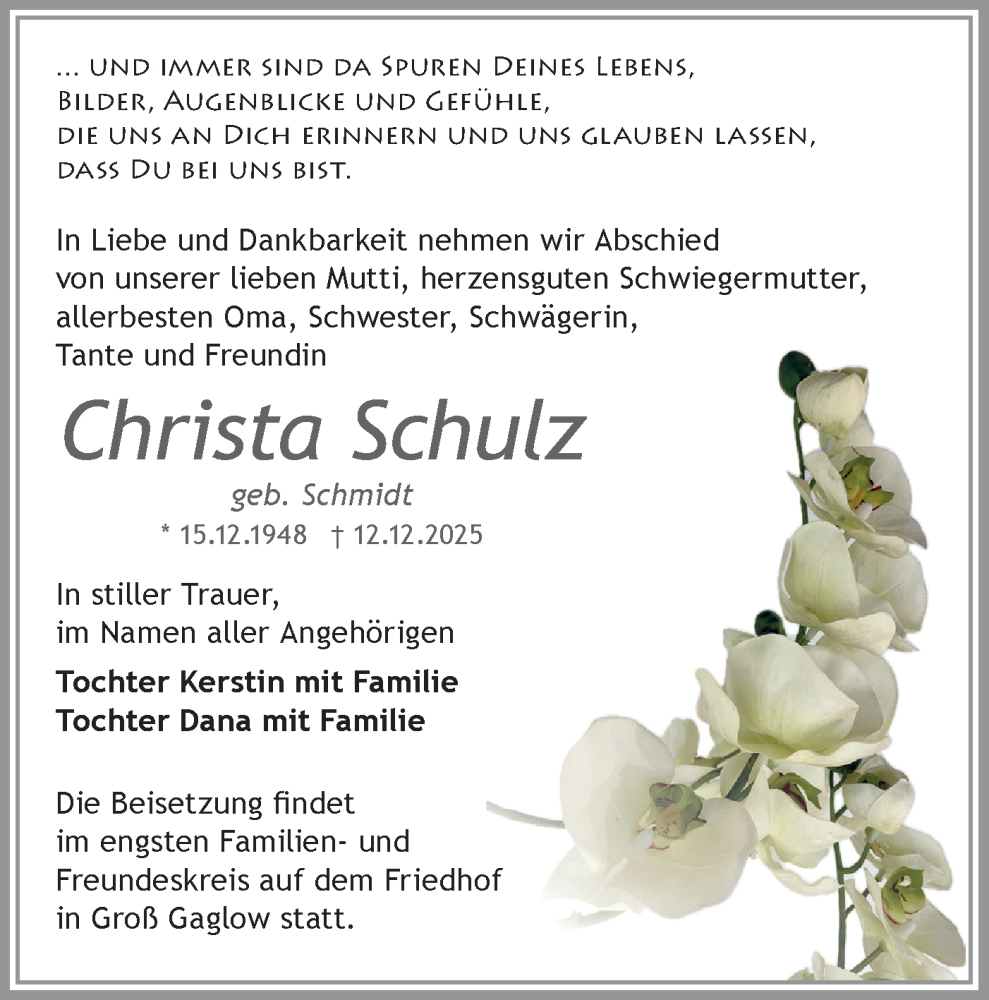  Traueranzeige für Christa Schulz vom 20.12.2025 aus Lausitzer Rundschau