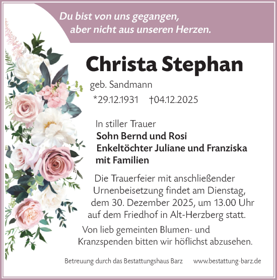 Traueranzeige von Christa Stephan von Lausitzer Rundschau
