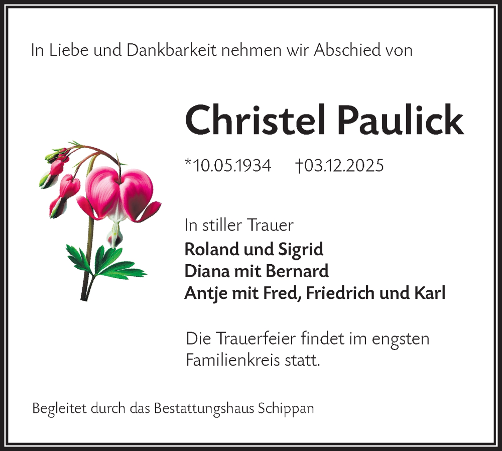  Traueranzeige für Christel Paulick vom 13.12.2025 aus Lausitzer Rundschau