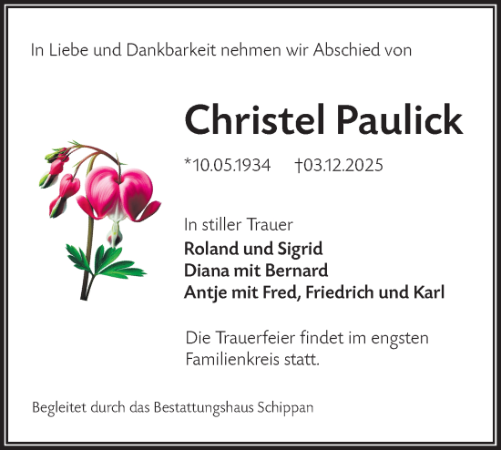 Traueranzeige von Christel Paulick von Lausitzer Rundschau