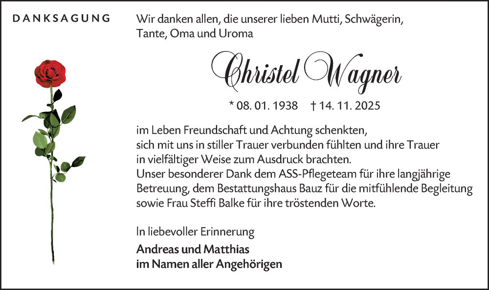  Traueranzeige für Christel Wagner vom 20.12.2025 aus Lausitzer Rundschau