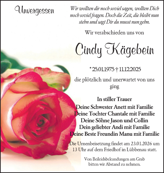 Traueranzeige von Cindy Kägebein von Lausitzer Rundschau