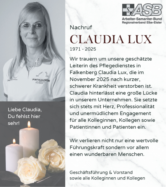 Traueranzeige von Claudia Lux von Lausitzer Rundschau