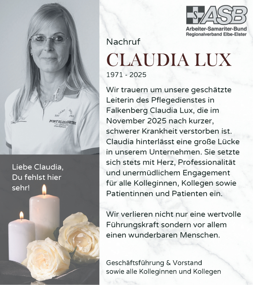  Traueranzeige für Claudia Lux vom 20.12.2025 aus Lausitzer Rundschau