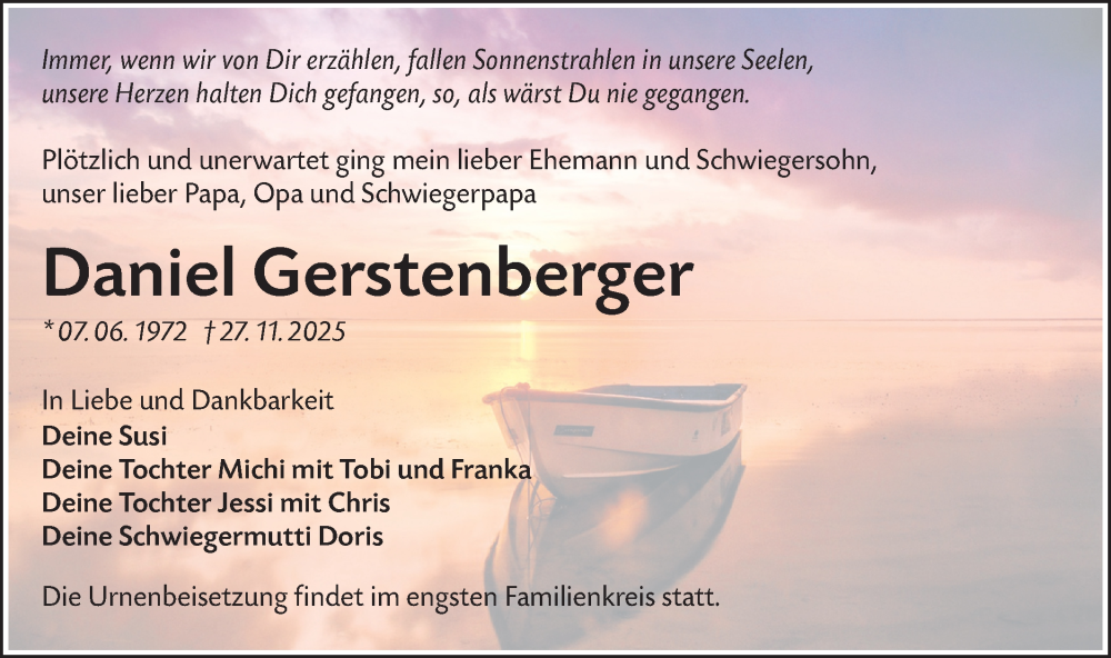  Traueranzeige für Daniel Gerstenberger vom 13.12.2025 aus Lausitzer Rundschau