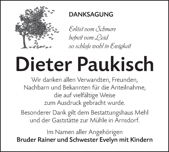 Traueranzeige von Dieter Paukisch von Lausitzer Rundschau