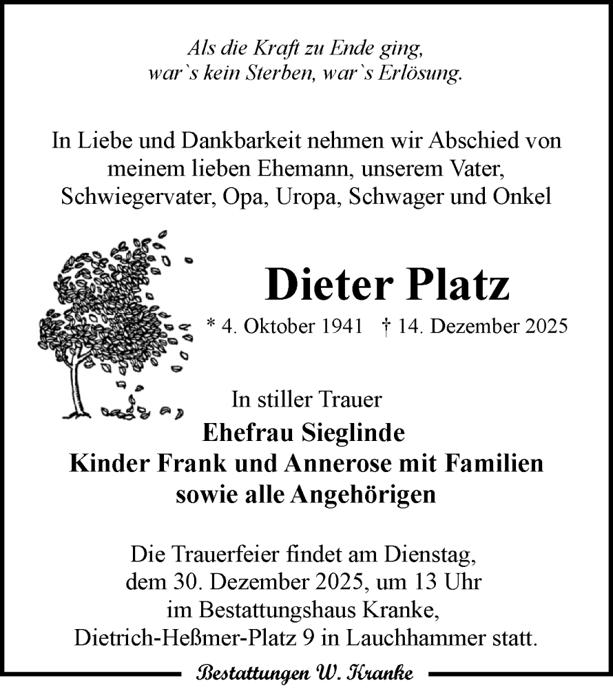  Traueranzeige für Dieter Platz vom 27.12.2025 aus Lausitzer Rundschau