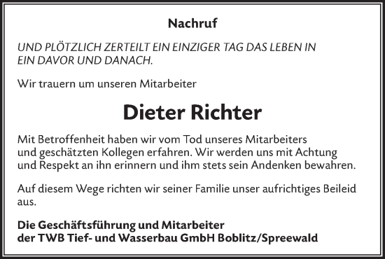 Traueranzeige von Dieter Richter von Lausitzer Rundschau