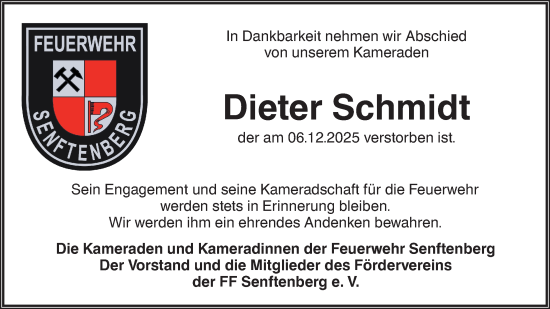 Traueranzeige von Dieter Schmidt von Lausitzer Rundschau