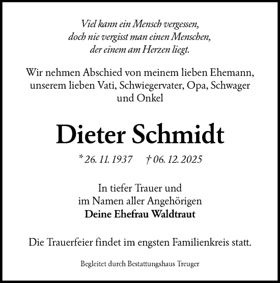 Traueranzeige von Dieter Schmidt von Lausitzer Rundschau